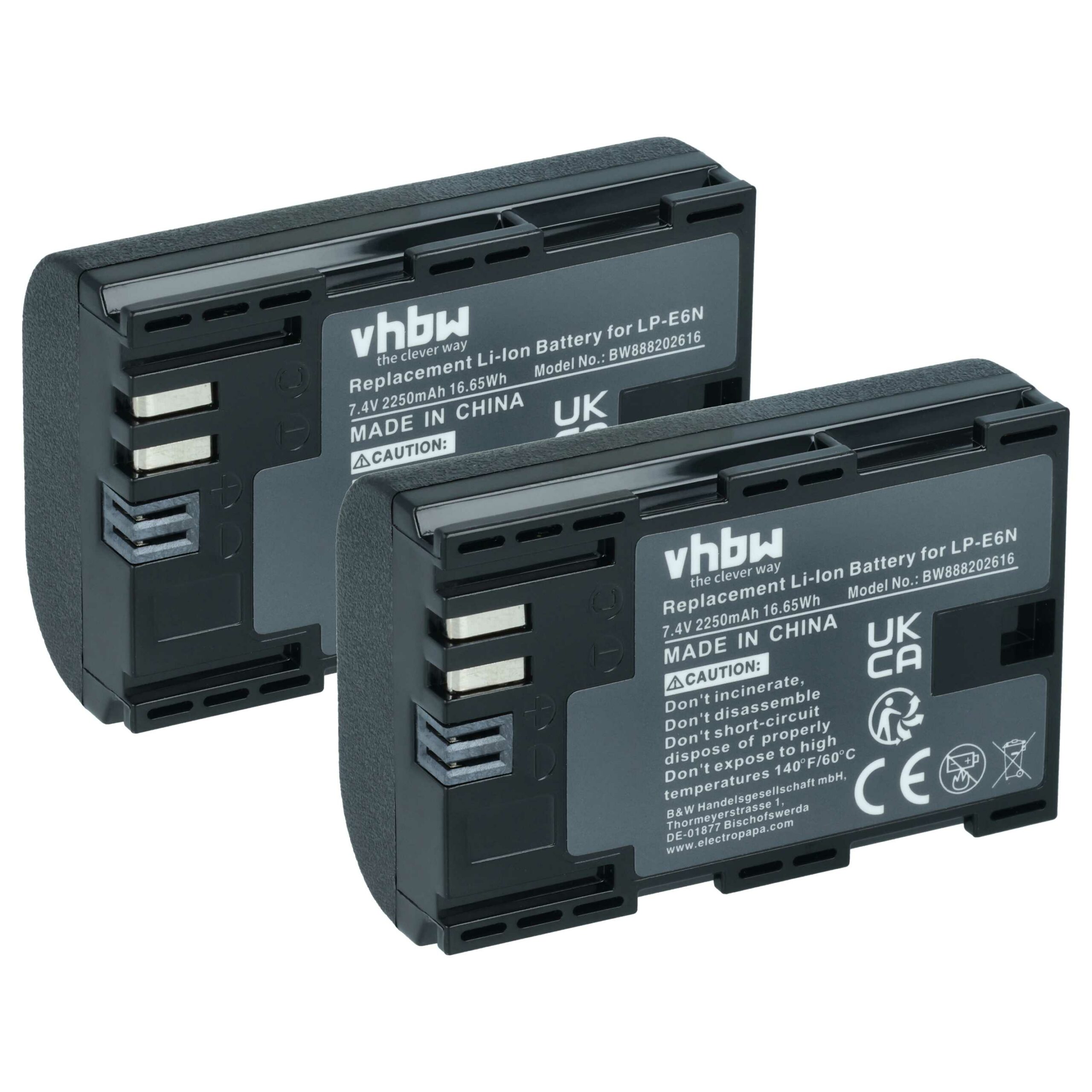 2x Bateria vhbw substitui Canon LP-E6N - 2250mAh, 7.4V Li-Ion com Info Chip