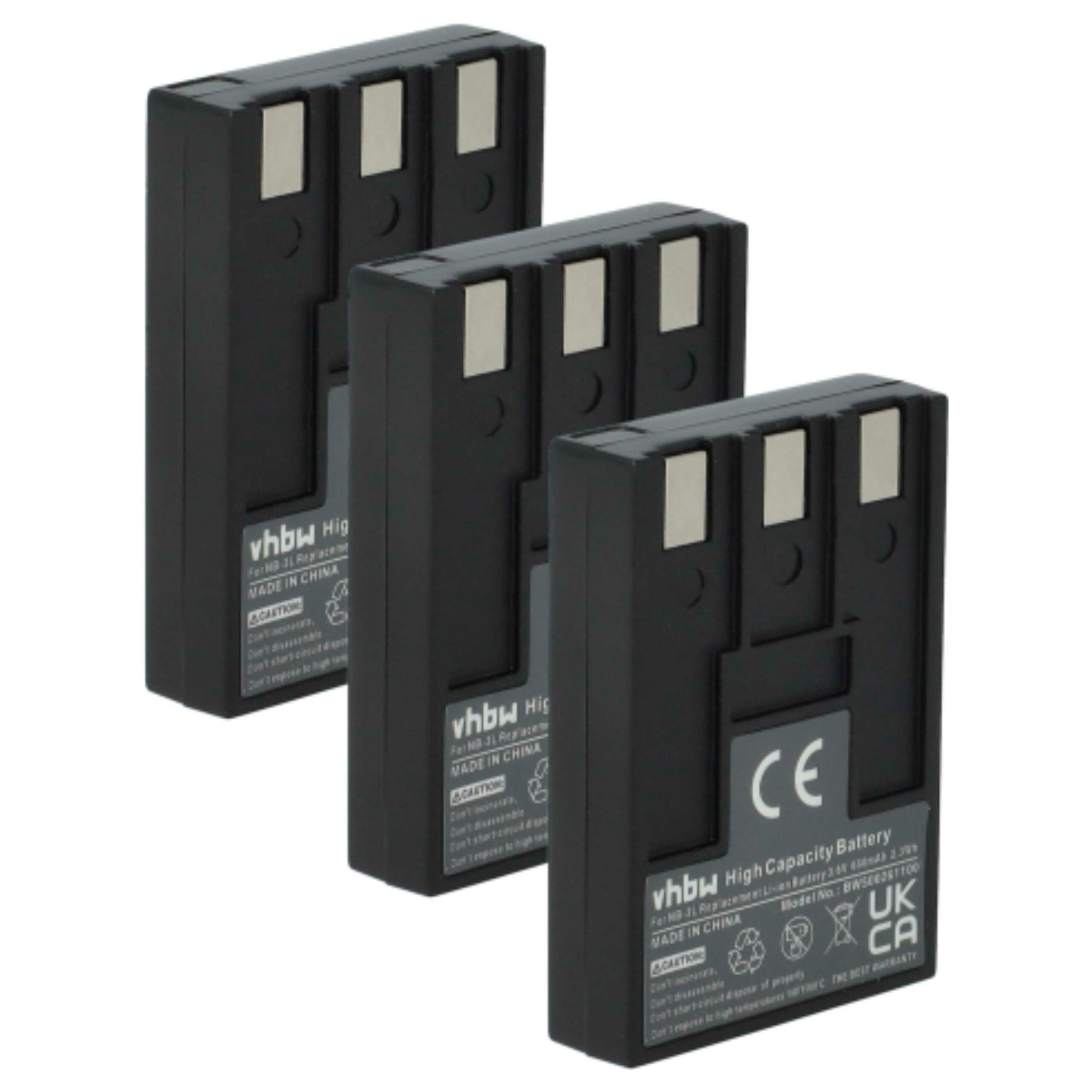 3x Bateria vhbw substitui Canon NB-3L - 650mAh, 3.6V