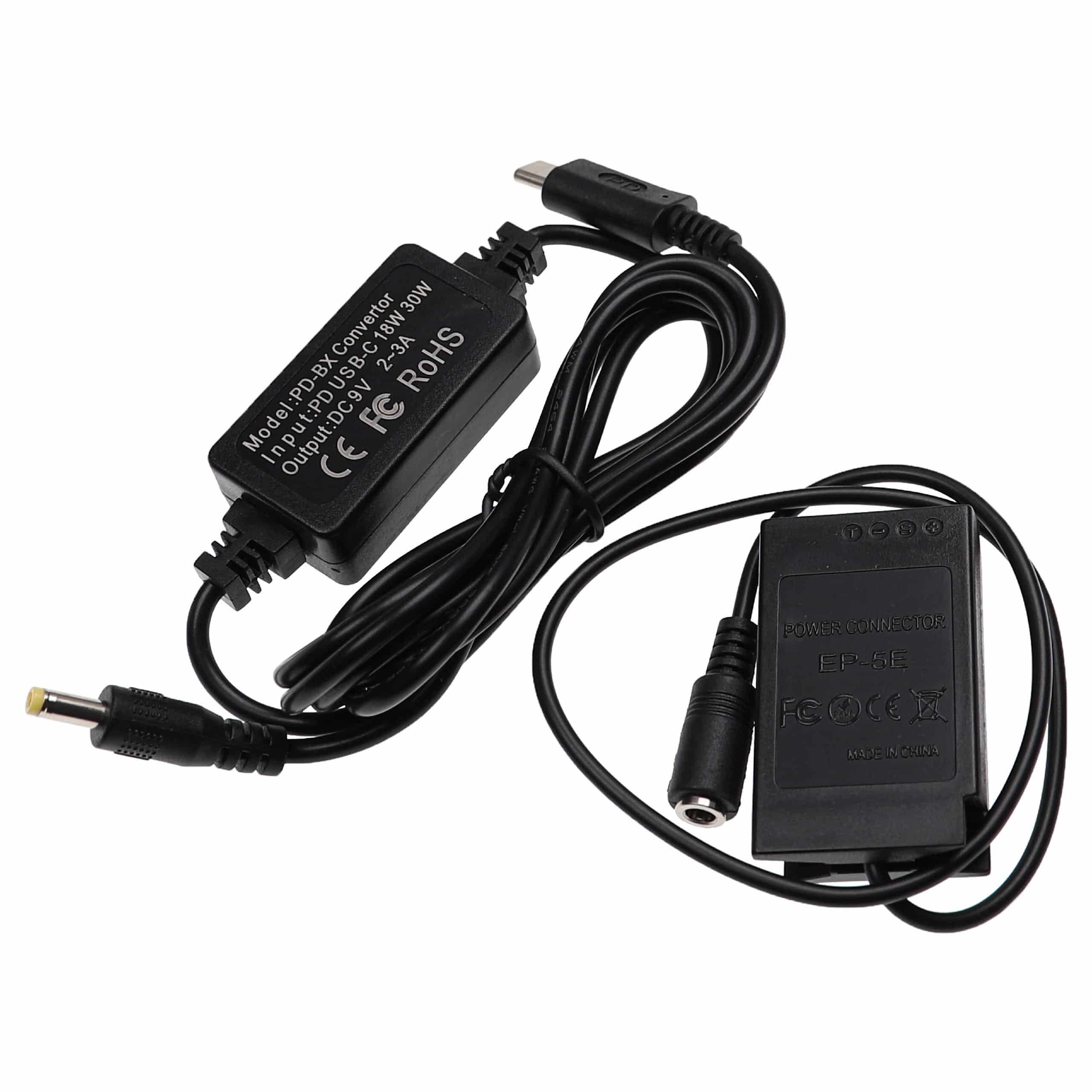 Carregador USB vhbw com Acoplador DC para Nikon EH-5, EH-5A - 2 m, 9V 3.0A