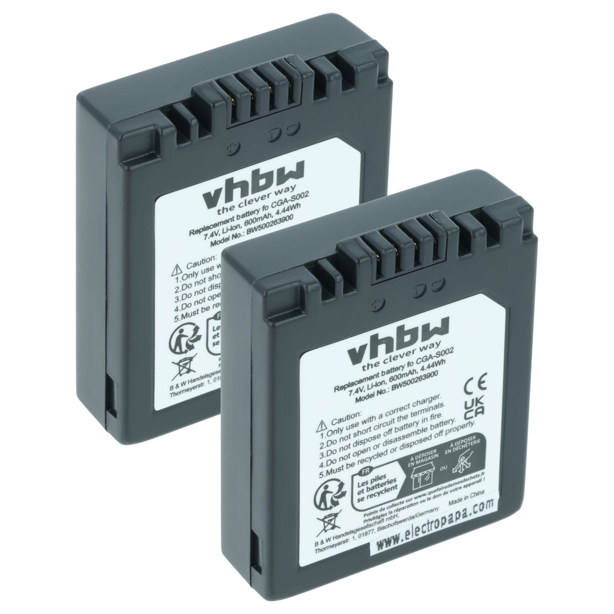 2x Baterias vhbw para Panasonic Lumix DMC-FZ10, DMC-FZ15, DMC-FZ20, DMC-FZ5 - 550mAh, 7.2V, Li-Ion