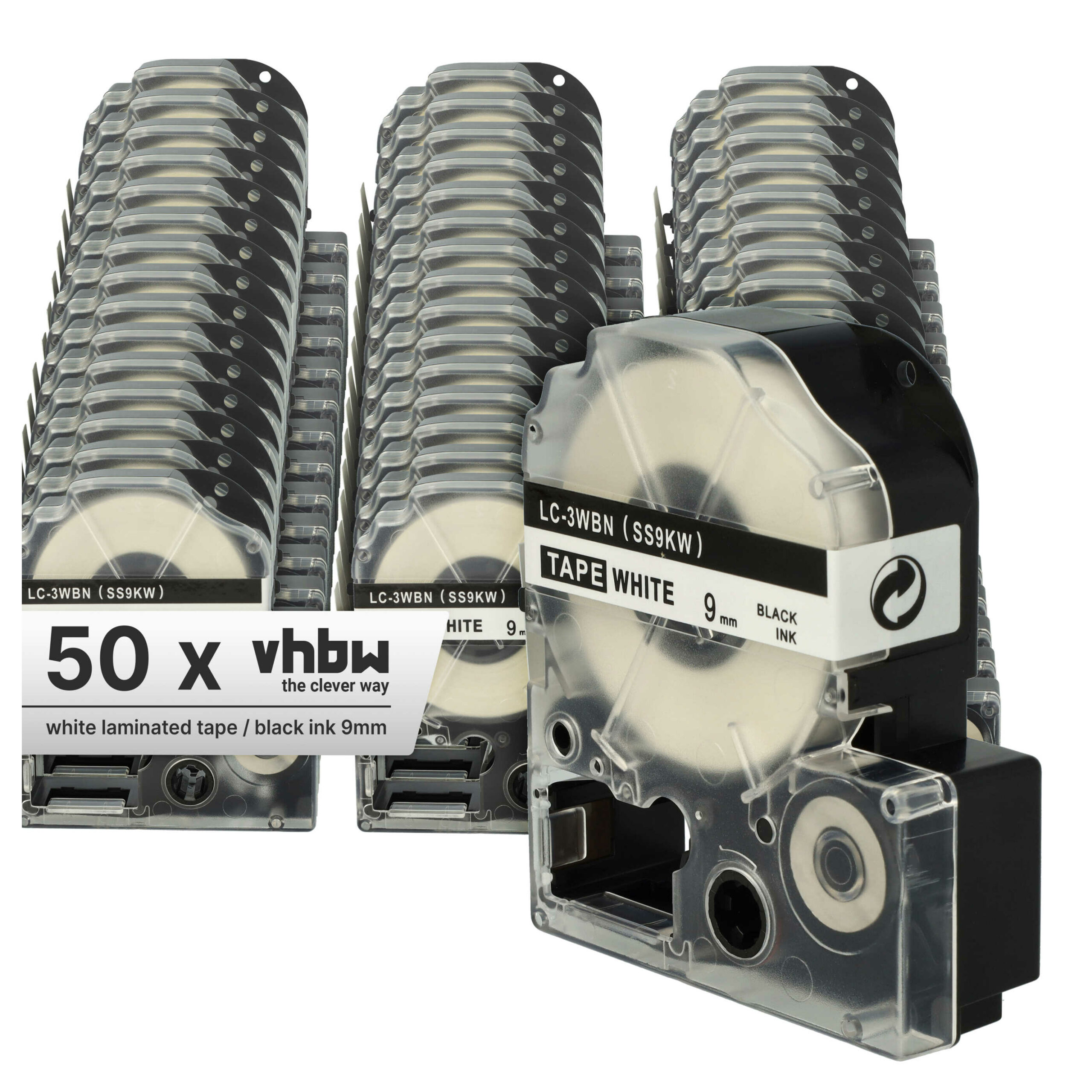 50x Fita para Etiquetadora vhbw substitui Epson LC-3WBN - 9 mm Preto sobre Branco