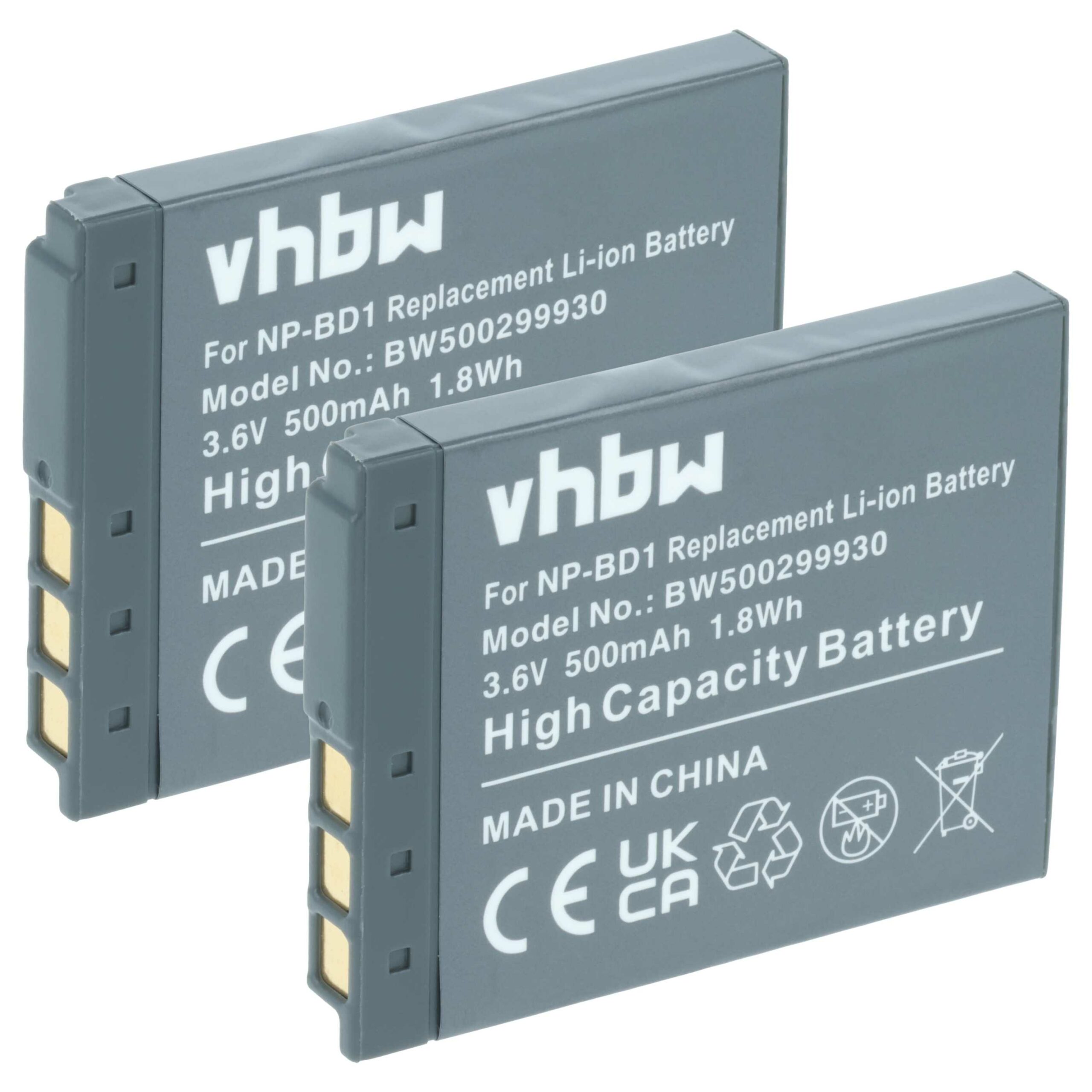 2x Bateria vhbw substitui Sony NP-FD1, NP-BD1 - 500mAh, 3.6V, Li-Ion