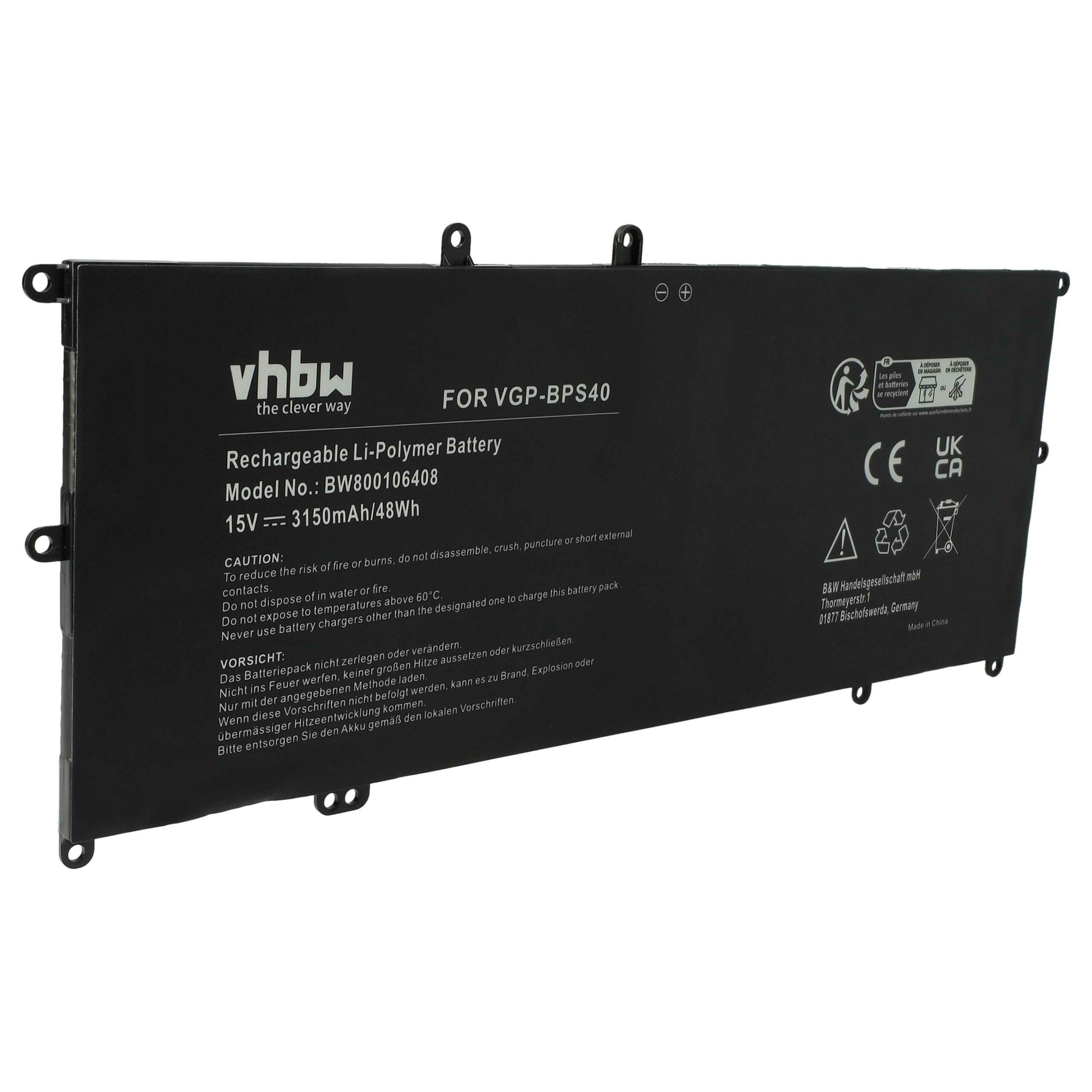 Bateria para Portátil vhbw para Sony VGP-BPS40 - 3150 mAh 15 V Li-polímero, preto