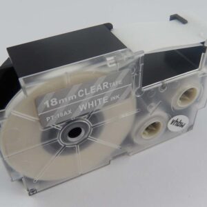 Fita de Etiquetas vhbw Substitui Casio XR-18AX, XR-18AX1 - 18 mm Branco sobre Transparente