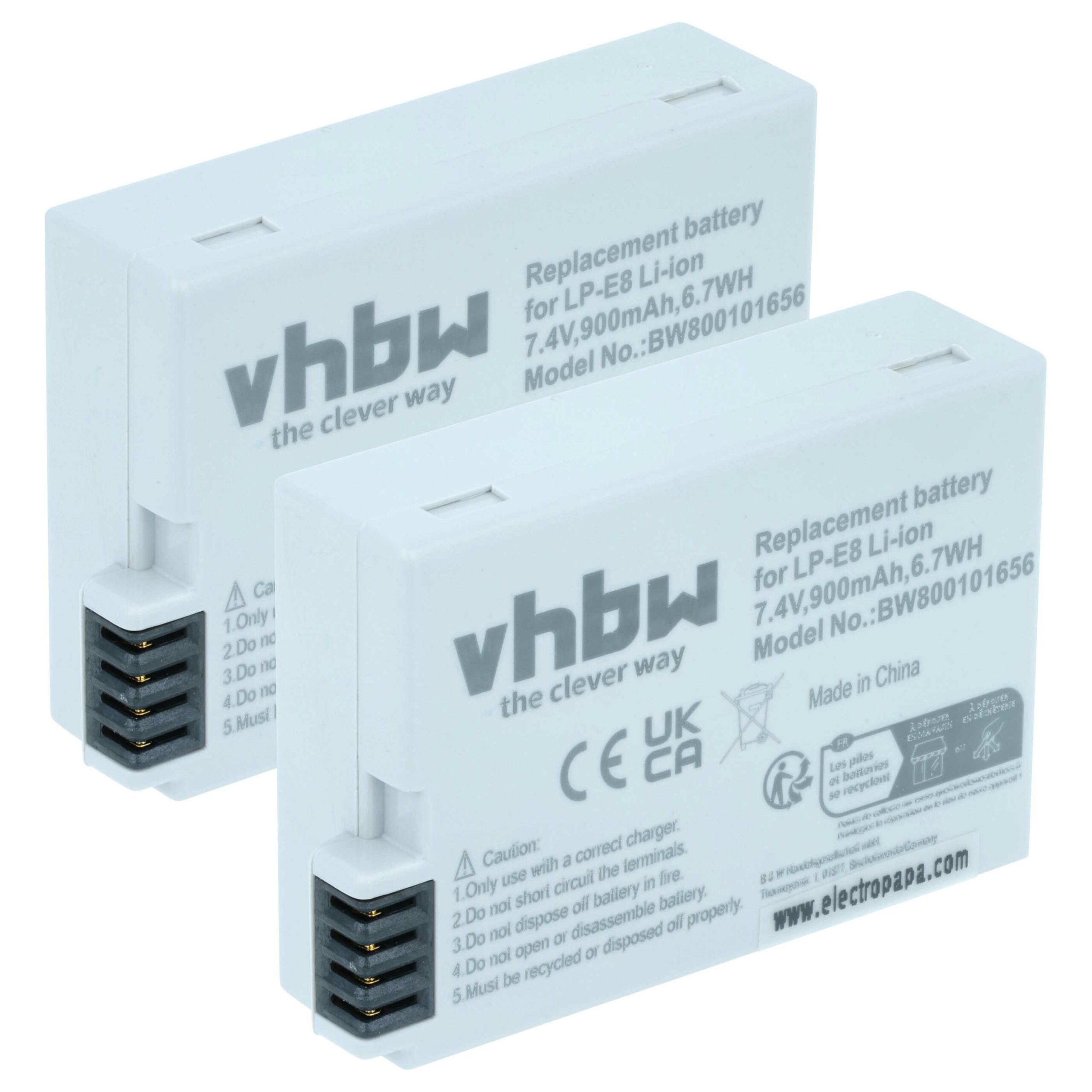 2x Baterias vhbw para Canon LP-E8 - 900mAh, 7.2V, Li-Ion