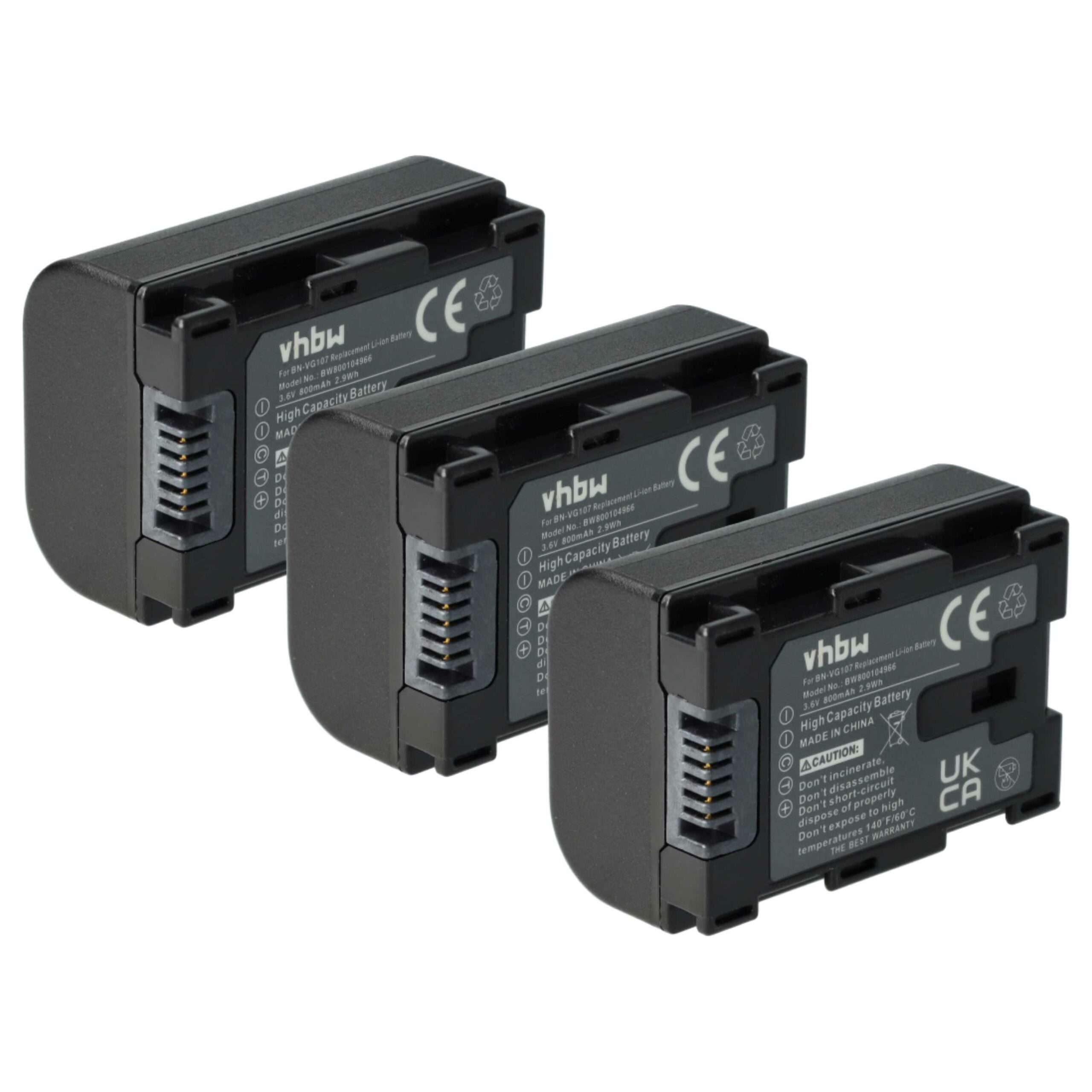 Bateria vhbw 3x para câmara JVC BN-VG107, BN-VG107U 800 mAh 3.6 V Li-Ion