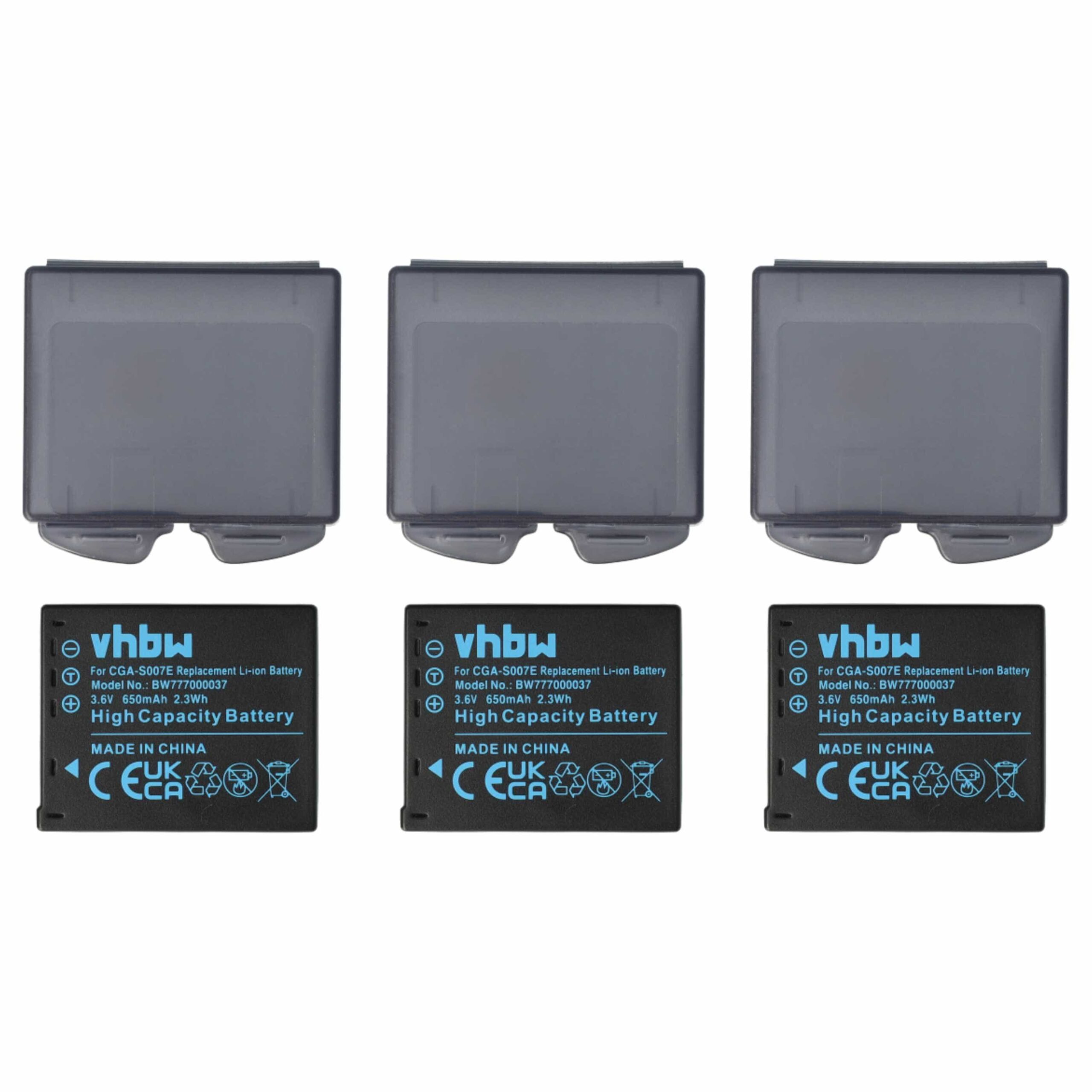 3x Bateria vhbw para Panasonic DMW-BCD10, CGA-S007, CGA-S007E - 650mAh, 3.6V