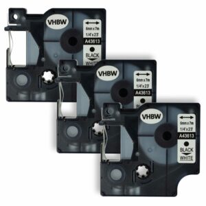 3x Fita para Etiqueta vhbw substitui Dymo D1, 43613 - 6 mm Preto sobre Branco