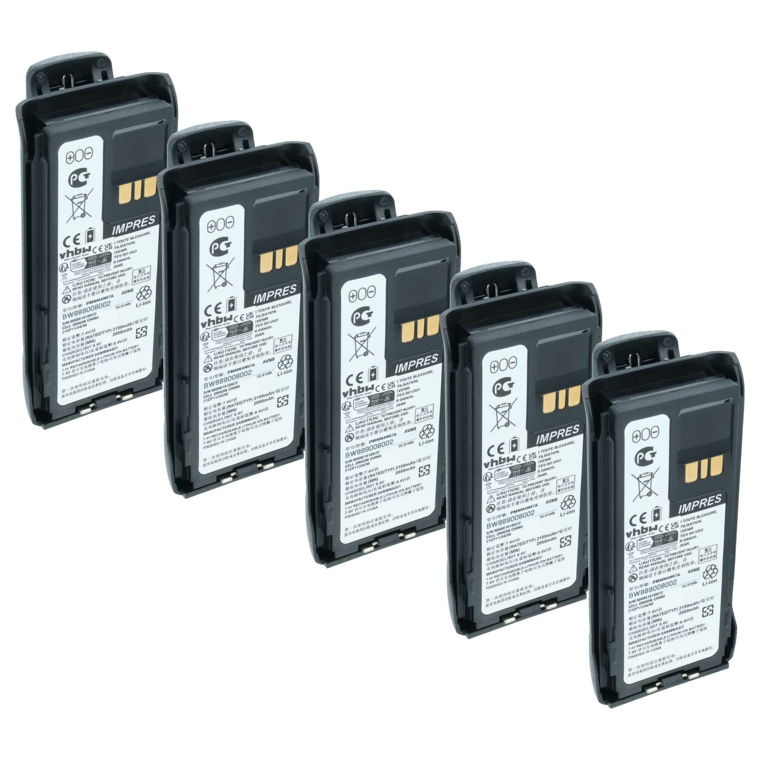 Bateria vhbw 5x para rádio Motorola PMNN4807, PMNN4407A 2150 mAh 8.4 V Li-Ion com mola de cinto