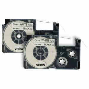 2x Fita de Etiquetas vhbw para Casio XR-6WE, XR-6WE1 - 6 mm Preto sobre Branco