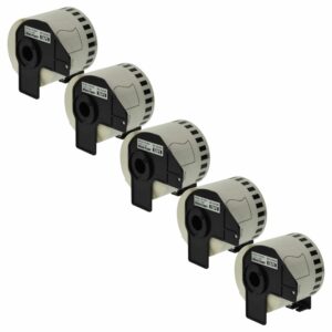 5x Rolo de Etiquetas vhbw substitui Brother DK-22205 para QL-500, QL-550, QL-700 - 62 mm x 30,48 m + Suporte