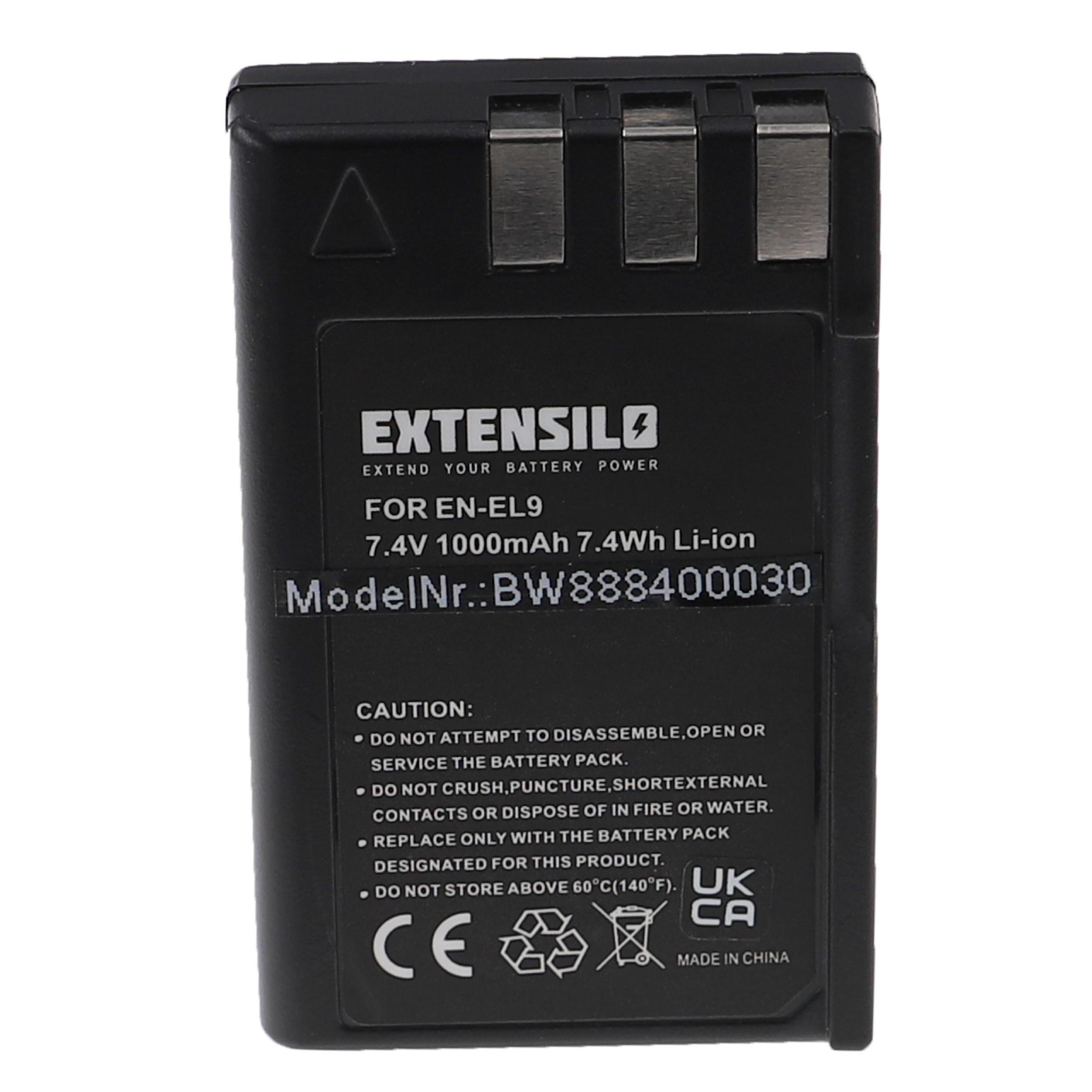 Bateria EXTENSILO para Nikon EN-EL9, EN-EL9E - 1000mAh, 7.4V, Li-Ion