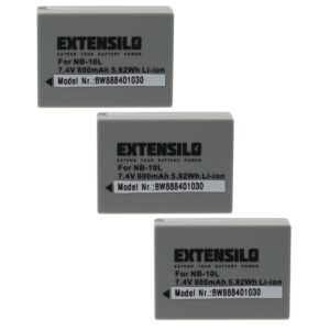 3x Bateria EXTENSILO para Canon NB-10L - 800mAh, 7.4V, Li-Ion