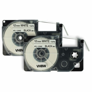 2x Fita de Etiquetas vhbw para Casio XR-12WE, XR-12WE1 - 12 mm Preto sobre Branco