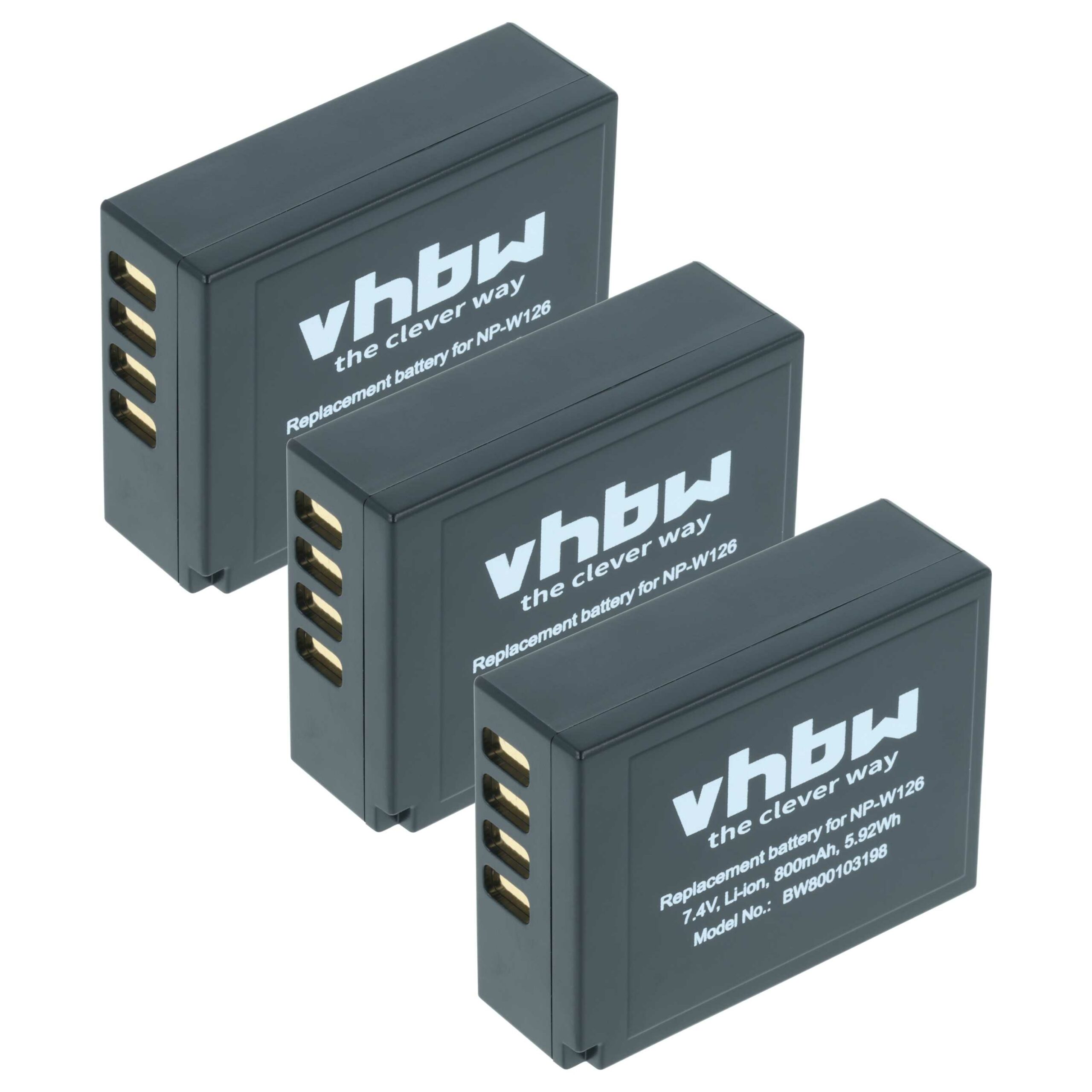 3x Bateria vhbw para Fuji Fujifilm NP-W126s, NP-W126 - 800mAh, 7.2V